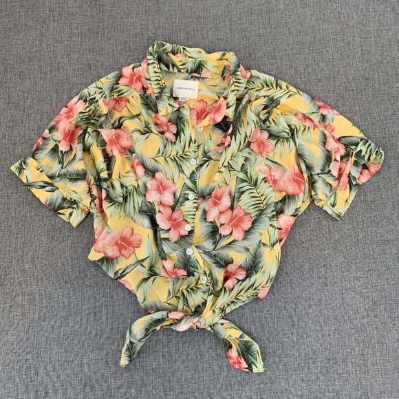 American Eagle Cropped Floral Top Tie Front‎ 100% Viscose Small Button Down - Picture 1 of 12